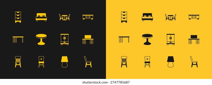 Set TV table stand, Chair, Wardrobe, Table lamp, Round, with chair, Chest of drawers and Big bed icon. Vector