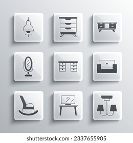 Set TV table stand, Chandelier, Armchair, Office desk, Rocking, Mirror, Lamp hanging and  icon. Vector