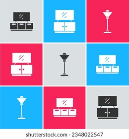 Ajuste el soporte de la mesa de TV y el icono de la lámpara del piso. Vector