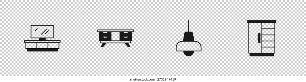 Set mesa de TV stand, Lamp pendurado e ícone do guarda-roupa. Vetor