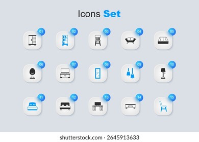Set TV table stand, Library bookshelf, Big bed, Chair, Floor lamp, Wardrobe and full length mirror icon. Vector