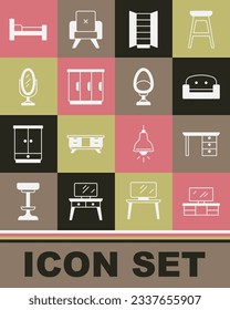 Set TV table stand, Office desk, Armchair, Wardrobe, Mirror, Bed and  icon. Vector