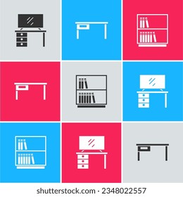Coloque el soporte de mesa de TV, el escritorio de Office y el icono de la biblioteca. Vector