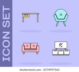 Set TV table stand, Office desk, Sofa and Armchair icon. Vector