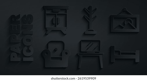 Set TV table stand, Picture, Armchair, Bed, Coat and Furniture nightstand icon. Vector