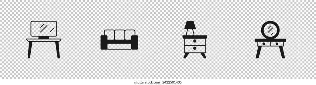 Set TV table stand, Sofa, Nightstand with lamp and Dressing icon. Vector