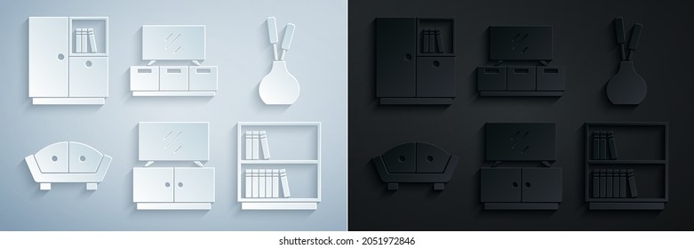 Establece el soporte de mesa de TV, la caja de cambios, el Sofá, la biblioteca y el icono del armario. Vector