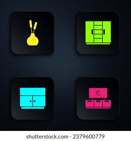 Set TV table stand, Vase, Wardrobe and . Black square button. Vector