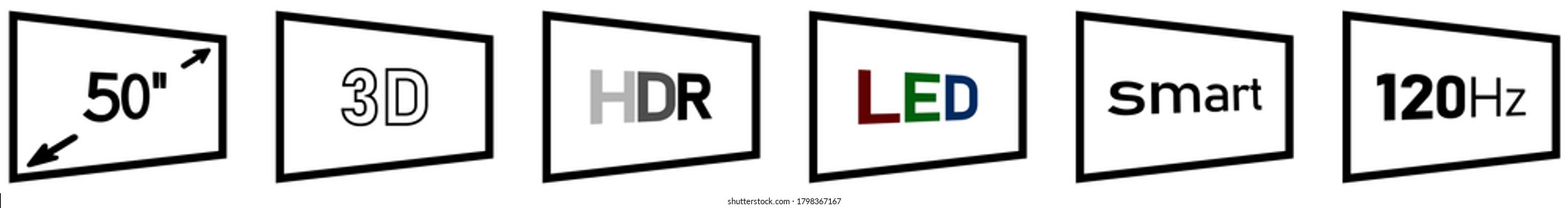 Set of TV technology icons - simple text signs on tilted screen