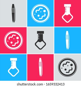 Set Tweezers, Bacteria and Test tube and flask chemical icon. Vector