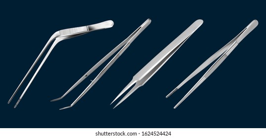 Set of tweezers. Long serrated angled tweezers, anatomical forceps, dental straight surgical pincers, curved tweezers. Manual surgical instrument. Isolated object on a white background. Vector