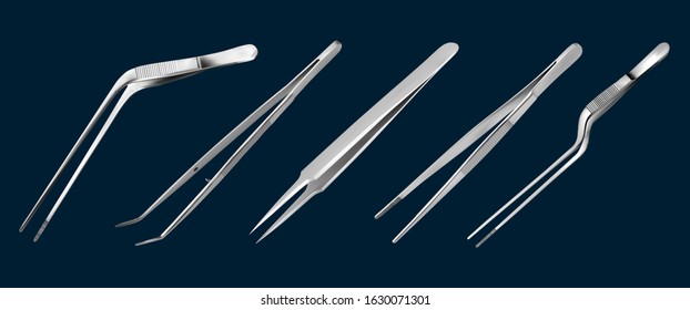 Set of tweezers. Long serrated angled tweezers, anatomical forceps, dental straight surgical pincers, curved tweezers, bayonet pincette. Manual surgical instrument.  Vector illustration