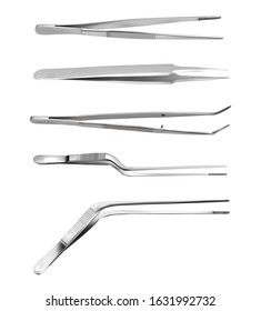 Set of tweezers. Long serrated angled tweezers, anatomical forceps, dental straight surgical pincers, curved tweezers, bayonet pincette. Manual surgical instrument.  Isolated objects. Vector 