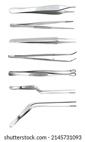 Set of tweezers. Long serrated angled tweezers, anatomical forceps, dental straight surgical pincers, curved tweezers, bayonet pincette, tumor grasping forceps, microsurgical tweezers. Vector