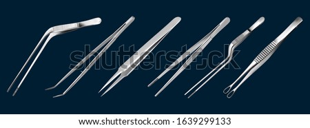 Set of tweezers. Long serrated angled tweezers, anatomical forceps, dental straight surgical pincers, curved tweezers, bayonet pincette, tumor grasping forceps. Manual surgical instrument. Vector ストックフォト © 