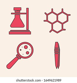 Set Tweezers, Test tube flask on stand, Chemical formula and Microorganisms under magnifier icon. Vector