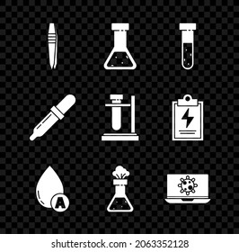 Set Tweezers, Test tube and flask chemical, Water drop, Bacteria on laptop, Pipette and stand icon. Vector