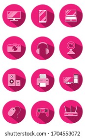 Set of twelve, 12 icons, symbols and images of digital and computer technology, gadgets in white on a purple background with shadow. Vector vertical. For shops, advertising, banners, prints, cards.