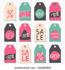 A set of twelve abstract geometric label designs. Shopping, sales, advertising, price tags and product label templates. Pink, gray, white and blue color palette.