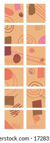 Conjunto de doce orígenes abstractos aislados. Dibujaron a mano varias formas y objetos de garabatos. Ilustración vectorial contemporánea moderna. Tonos cálidos naranja y marrón. Ilustración bursátil. Copiar espacio