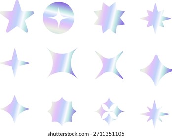 Un conjunto de doce estrellas abstractas y Formas de chispa con un gradiente holográfico suave en colores pastel púrpura, rosa y azul.