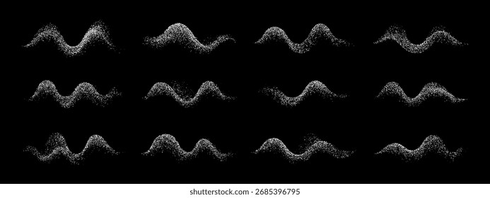 Conjunto de doce Formas abstractas de onda de grano punteado como patrones dinámicos de línea de ruido. Distorsión de señal analógica sobre fondo negro para concepto gráfico.