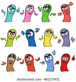 Set of twelve amusing colorful ghosts with various characters isolated on a white background, cartoon Halloween vector illustration