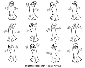 Set of twelve amusing ghost outline with various characters isolated on a white background, cartoon Halloween vector illustration
