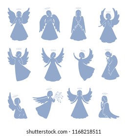 Set of twelve Angels with simple wings on a light background. Angels silhouettes for greeting card, poster and banner for Easter, Christmas, religion calendar. Vector isolated angels figurines.