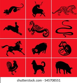 Set of twelve animals of Asian Lunar zodiac