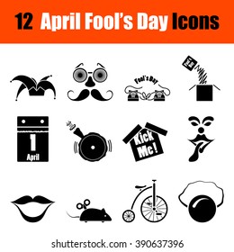 Set of twelve April Fool's day black icons. Vector illustration.