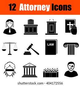 Set of twelve attorney black icons. Vector illustration.