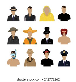 Set of twelve avatar icons, user interface, professions, adventurer, investigator, workman, fisher, boxer man, businessman, director, mexican, policeman, pirate