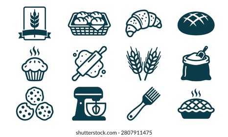 Set of twelve bakery line icons including wheat stalk emblem, bread basket, croissant, round loaf, cupcake, rolling pin, wheat ears, flour sack, cookies, stand mixer, pastry brush, and pie.