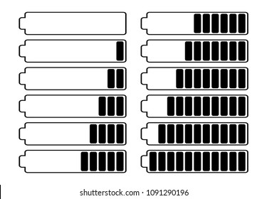 A set of twelve batteries with different charge indicators. Vector illustration
