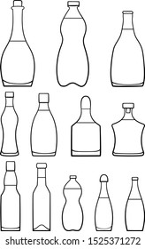 Set of twelve beverage bottles in lines
