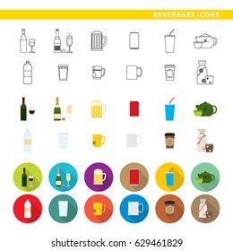 Set of twelve beverages, in three different styles, line, color and shadow.