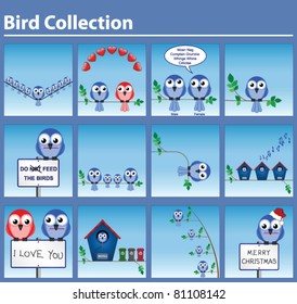 Set of twelve bird related comical graphics