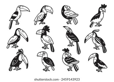 A set of twelve birds with different colors and sizes. The birds are all black and white. The birds are arranged in a row, with some of them overlapping each other