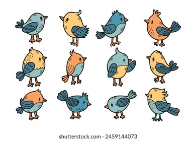 A set of twelve birds with their wings spread out. The birds are all different sizes and are standing in various positions. The image has a playful and whimsical feel to it