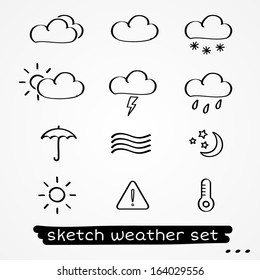 Set of twelve black abstract sketch weather icons