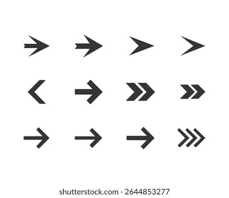 A set of twelve black arrow icons pointing to the right in different styles, isolated on a white background. Vector illustration.