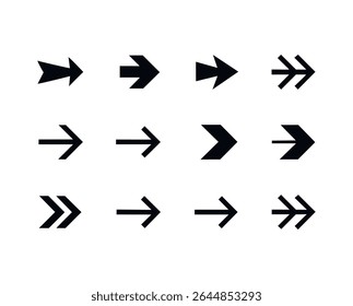 Um conjunto de doze ícones de seta preta apontando para a direita em diferentes estilos, isolados em um plano de fundo branco. Ilustração vetorial.