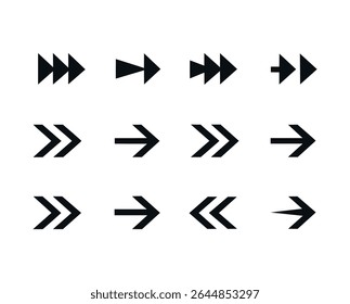 Um conjunto de doze ícones de seta preta apontando para a direita em diferentes estilos, isolados em um plano de fundo branco. Ilustração vetorial.