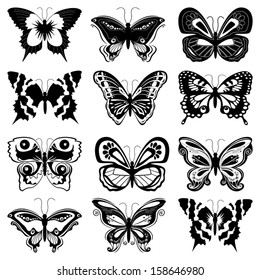 Set of twelve black butterfly silhouettes on a white background, hand drawing vector illustration