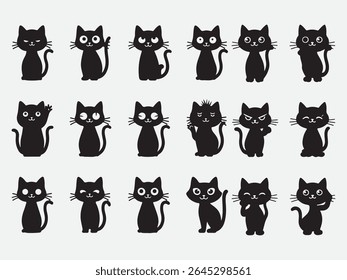 Set of twelve black cat silhouettes in unique expressive poses on plain white background