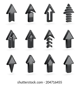 Set of twelve black dimensional arrows with the glossy shading, eps10 vector clip-art, color and shading layers are separate, easy to edit
