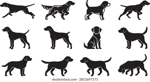 Set of twelve black dog silhouettes showing different breeds and various standing poses