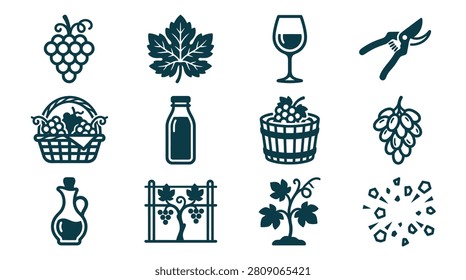 Set of twelve black flat icons representing viticulture and wine making, including grape bunches, vine leaves, wine glass, pruning shears, harvest basket, bottle, wooden barrel, and vineyard trellis.