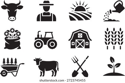 Conjunto de doce íconos negros sobre fondo blanco que representan varios Elementos relacionados con la granja, incluidos agricultores, vacas, tractores, graneros y herramientas de jardinería, que simbolizan las actividades agrícolas y el estilo de vida rural.